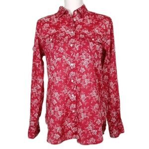 Lauren Ralph Lauren Dobby Cotton Button Up Floral Red Rust Sz M Classic Slim Fit